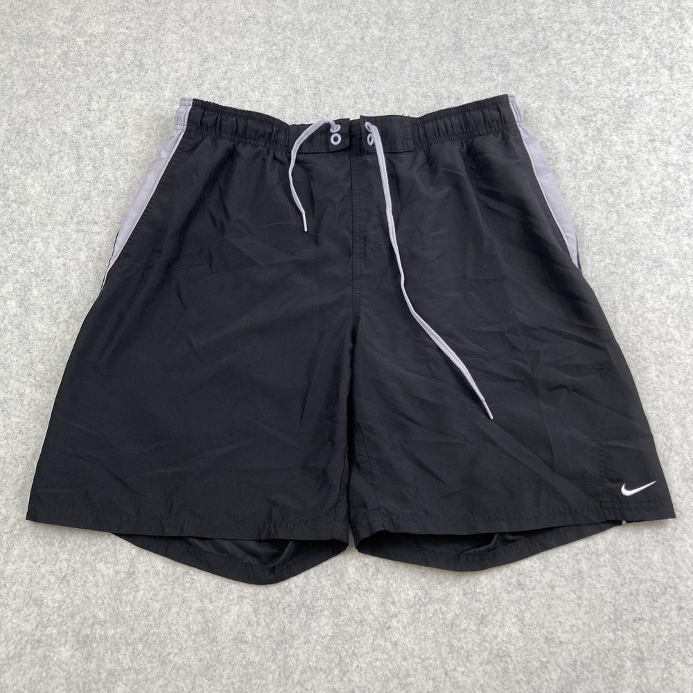 Nike Swim Shorts Mens Large (33x8) Black Gray Lined Drawstring Swoosh Trunks
